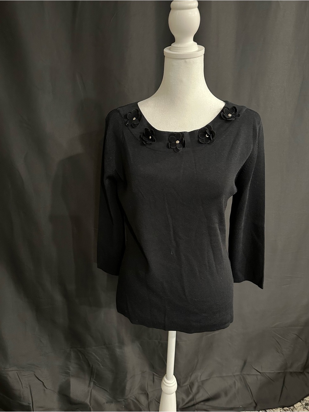Joseph Black Scoop Neck Top with Floral Appliqués